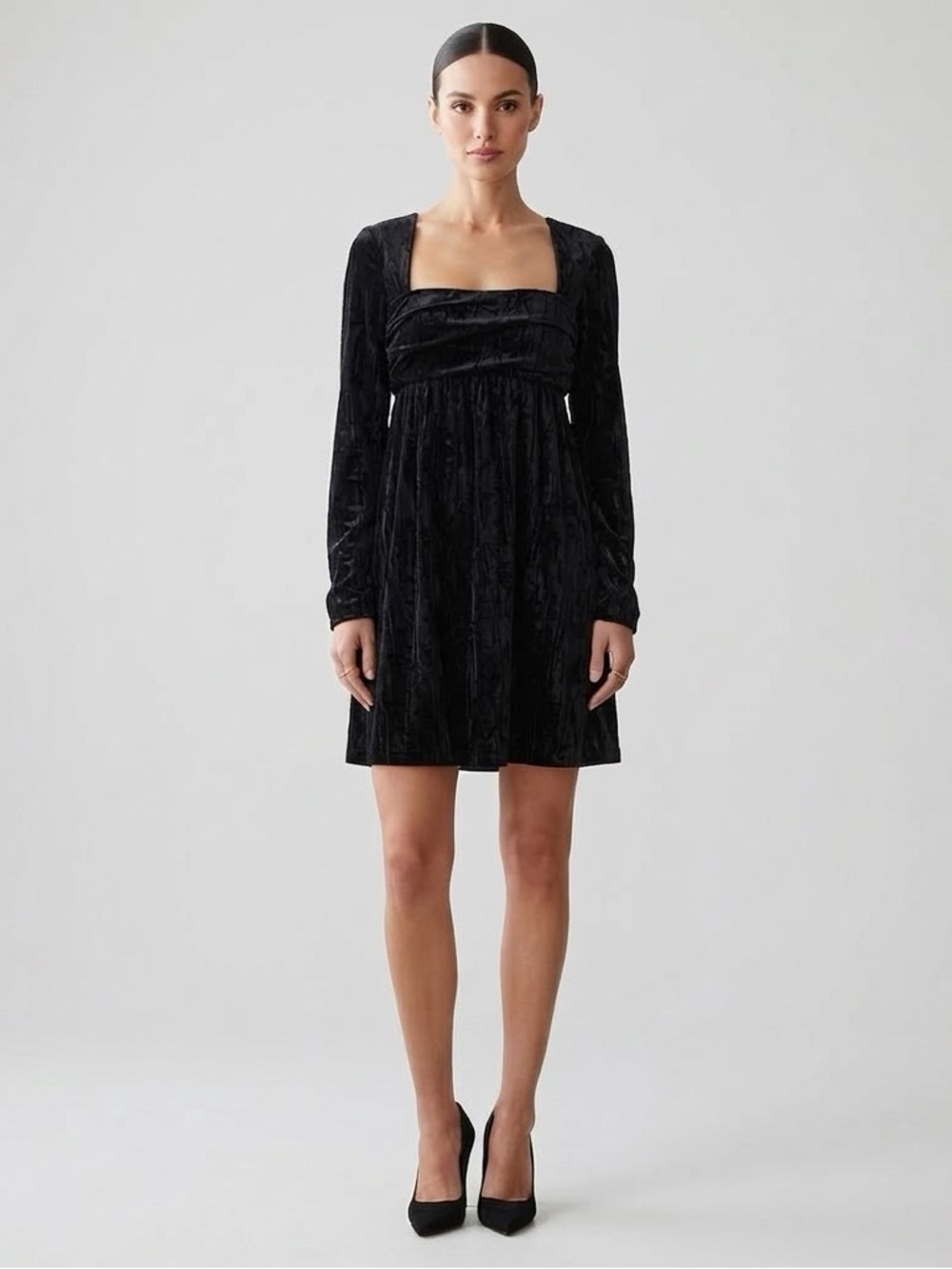 Who What Wear Collection L Black Velvet Square Neck Empire Waist Mini Dress